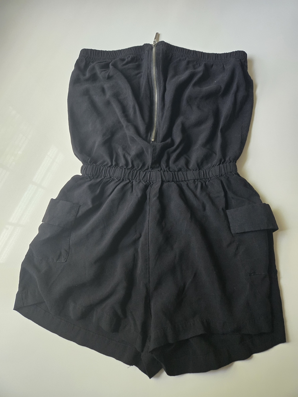 Strapless Elastic-Waist Black Romper with Cargo Pockets